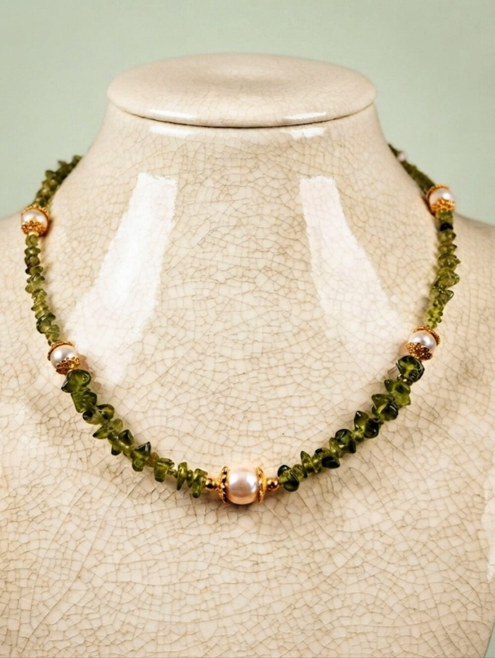 Peridot & Freshwater Pearls In Classic Gold Plated Necklace / Choker & Earrings